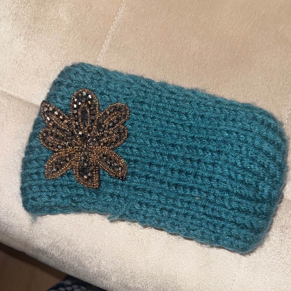 Teal Knit Headband with Gold Embellishment